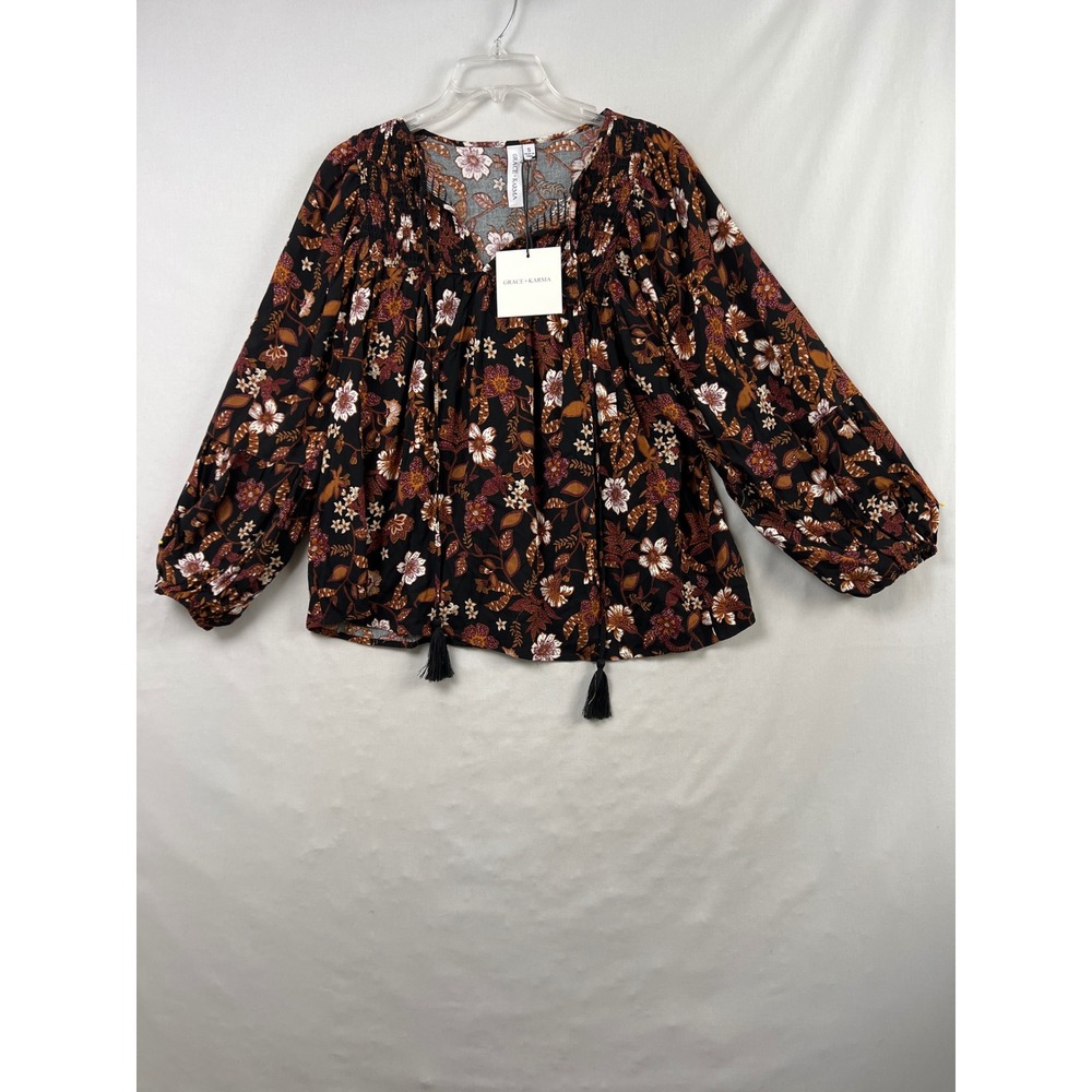 Grace+Karma Floral Peasant Blouse Womens Small Black Rust Rayon Tassel Top NEW
